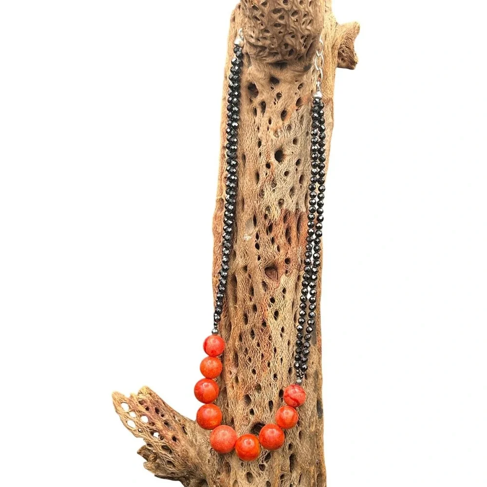Jay King Desert Rose Trading Orange‎ Sponge Coral Black Spinel bead necklace 925